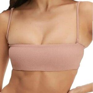 Good American Ribbed Bandeau Bikini Top Desert Rose Removable Straps